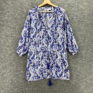 Dragonfly Top Women S Small Blue Paisley Tunic V-Neck Tasseled Long Sleeve
